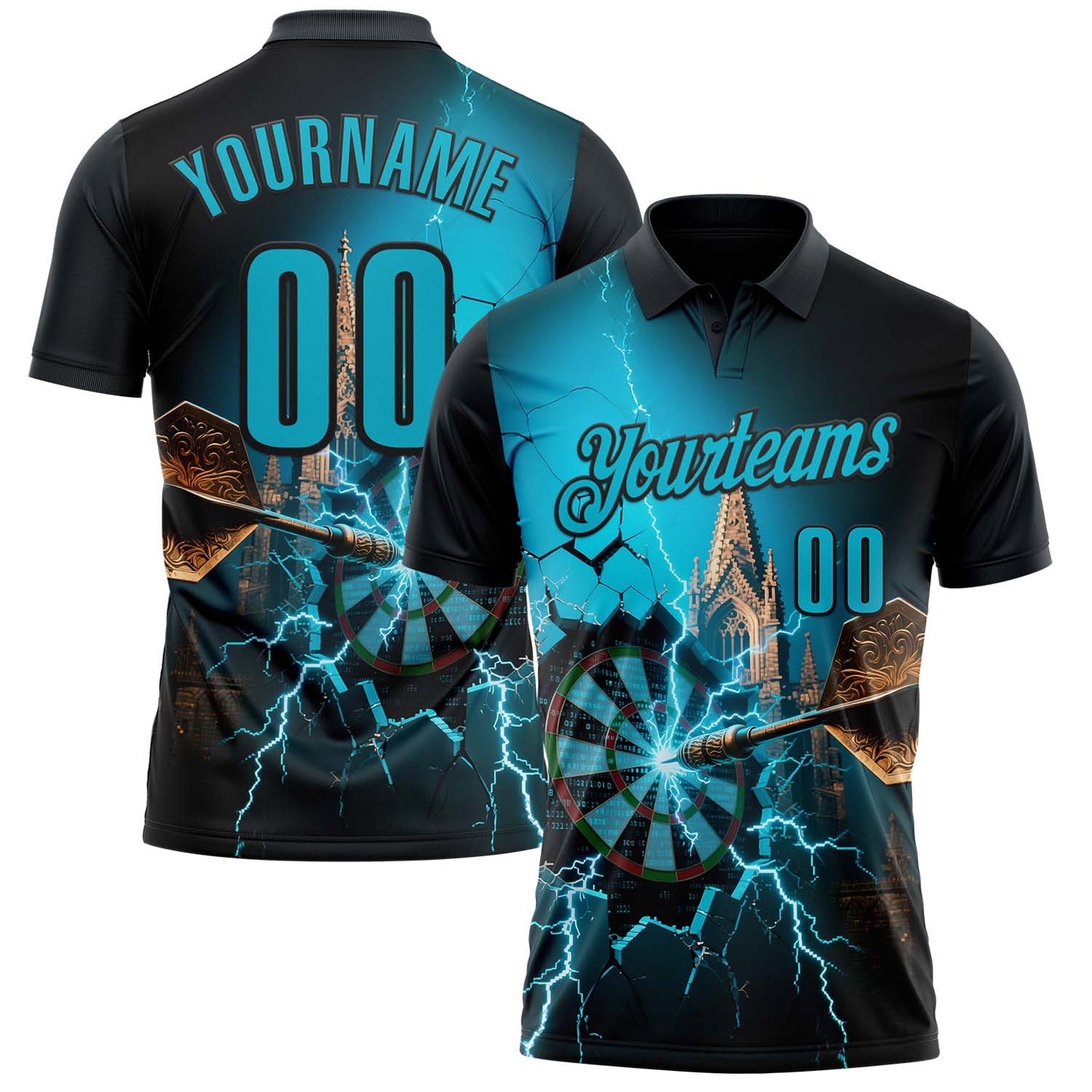 Custom Black-Lakes Blue Darts Lightning Dartboard Performance Polo Shirt