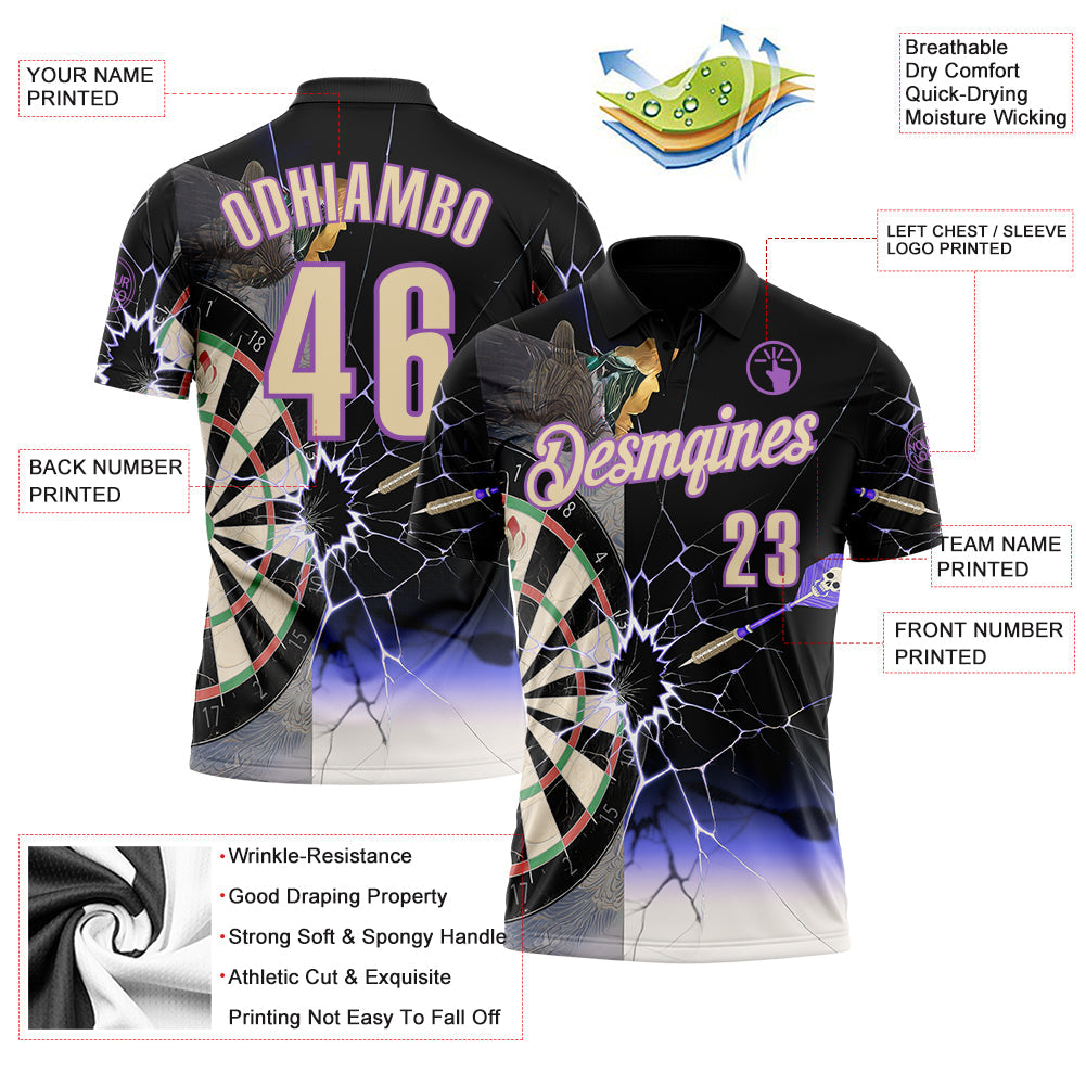 Custom Black Cream-Medium Purple Darts Lightning Dartboard Performance Polo Shirt