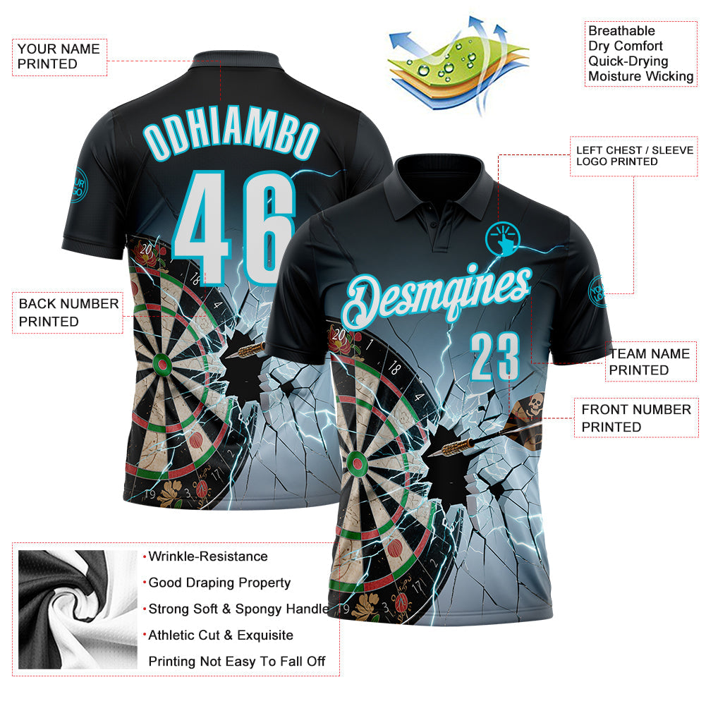 Custom Black White-Lakes Blue Darts Lightning Dartboard Performance Polo Shirt