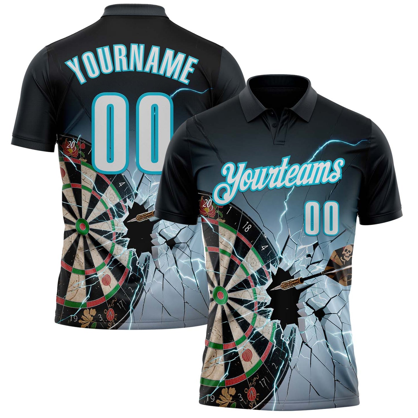 Custom Black White-Lakes Blue Darts Lightning Dartboard Performance Polo Shirt