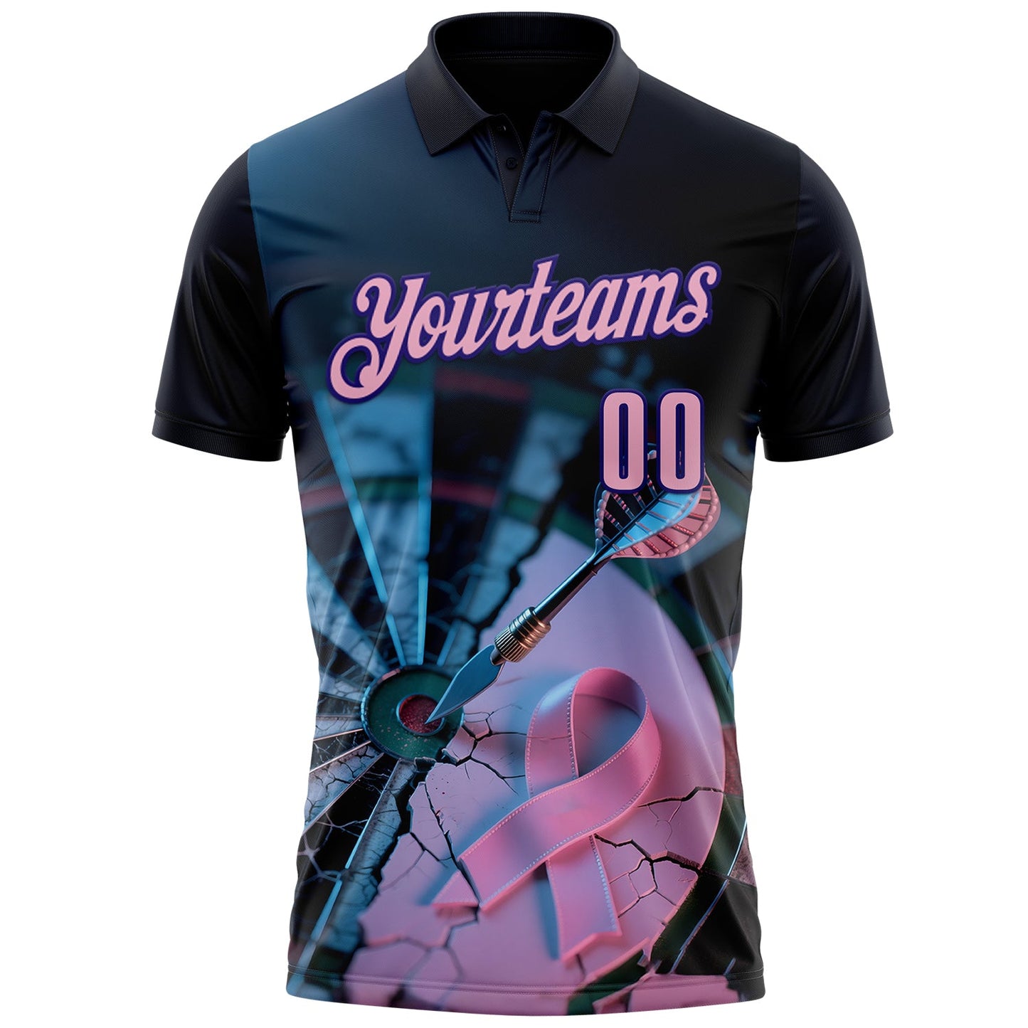 Custom Black Light Pink-Dark Purple Darts Pink Ribbon Breast Cancer Awareness Dartboard Performance Polo Shirt