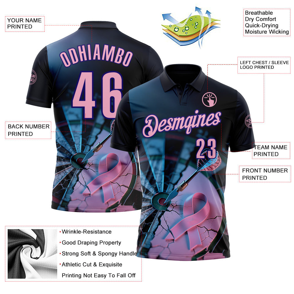 Custom Black Light Pink-Dark Purple Darts Pink Ribbon Breast Cancer Awareness Dartboard Performance Polo Shirt