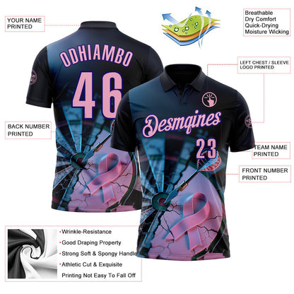 Custom Black Light Pink-Dark Purple Darts Pink Ribbon Breast Cancer Awareness Dartboard Performance Polo Shirt