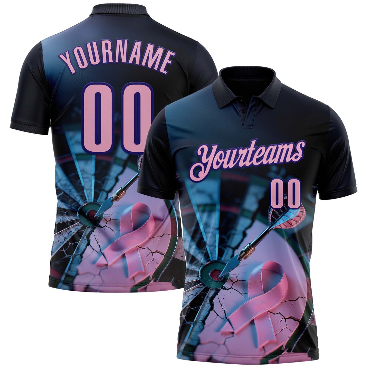 Custom Black Light Pink-Dark Purple Darts Pink Ribbon Breast Cancer Awareness Dartboard Performance Polo Shirt