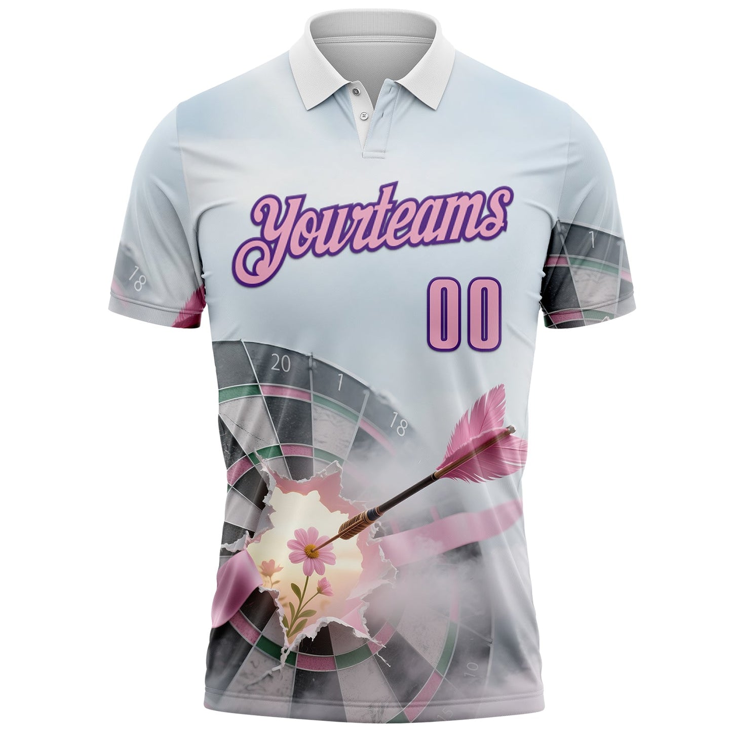 Custom Gray Light Pink-Purple Darts Pink Ribbon Breast Cancer Awareness Dartboard Performance Polo Shirt