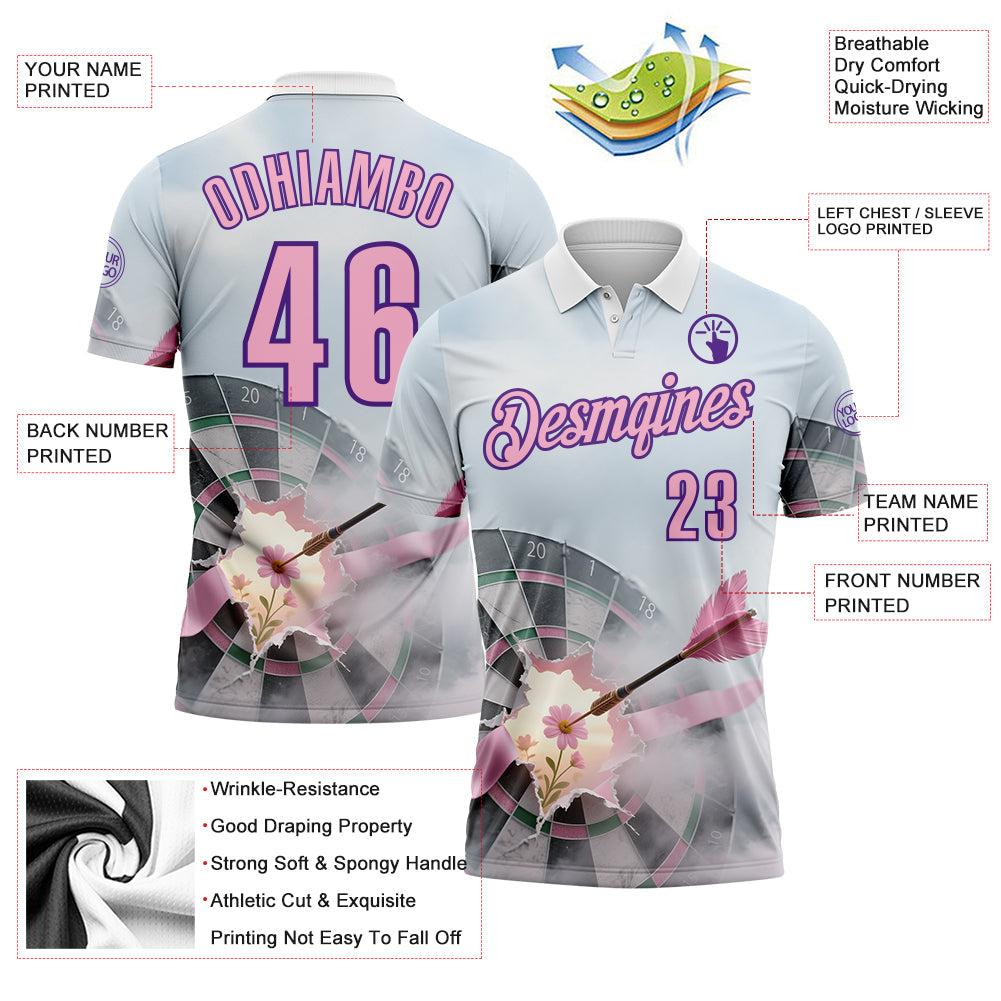 Custom Gray Light Pink-Purple Darts Pink Ribbon Breast Cancer Awareness Dartboard Performance Polo Shirt