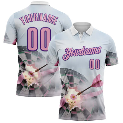 Custom Gray Light Pink-Purple Darts Pink Ribbon Breast Cancer Awareness Dartboard Performance Polo Shirt
