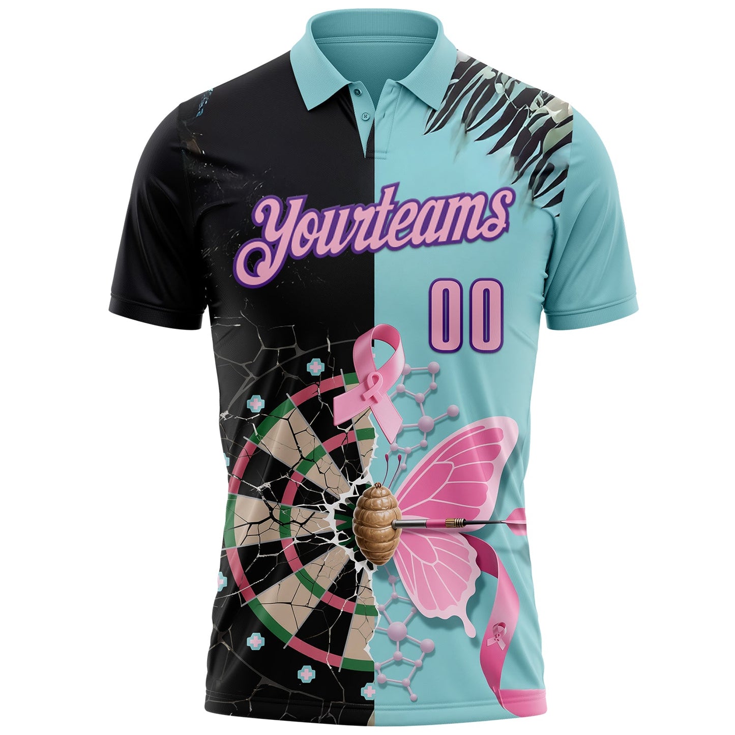 Custom Ice Blue Light Pink Black-Purple Darts Pink Ribbon Breast Cancer Awareness Dartboard Performance Polo Shirt