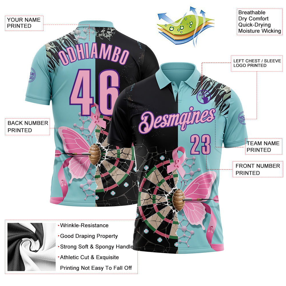 Custom Ice Blue Light Pink Black-Purple Darts Pink Ribbon Breast Cancer Awareness Dartboard Performance Polo Shirt