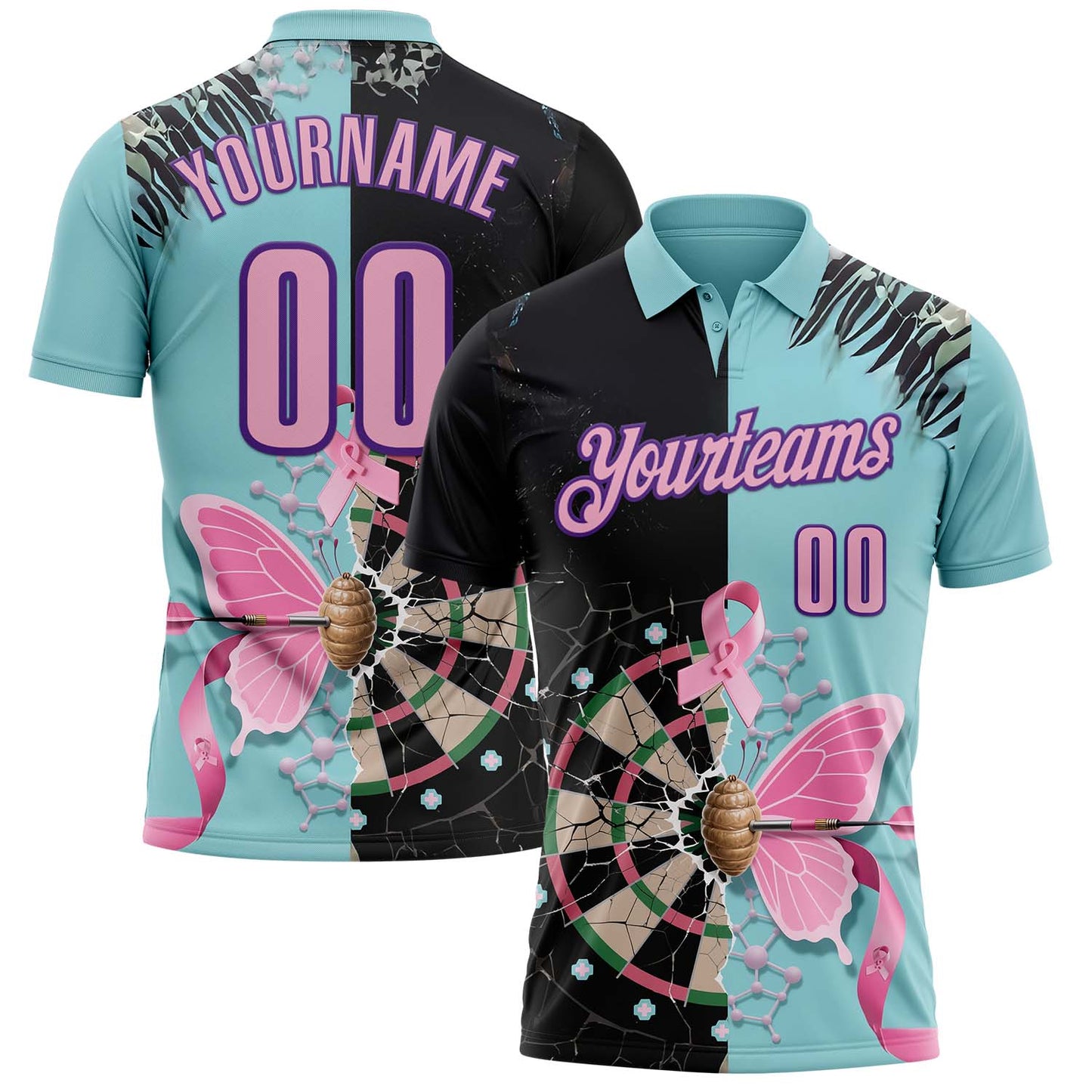 Custom Ice Blue Light Pink Black-Purple Darts Pink Ribbon Breast Cancer Awareness Dartboard Performance Polo Shirt