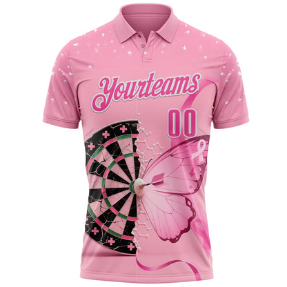 Custom Pink-White Darts Pink Ribbon Butterfly Breast Cancer Awareness Dartboard Performance Polo Shirt