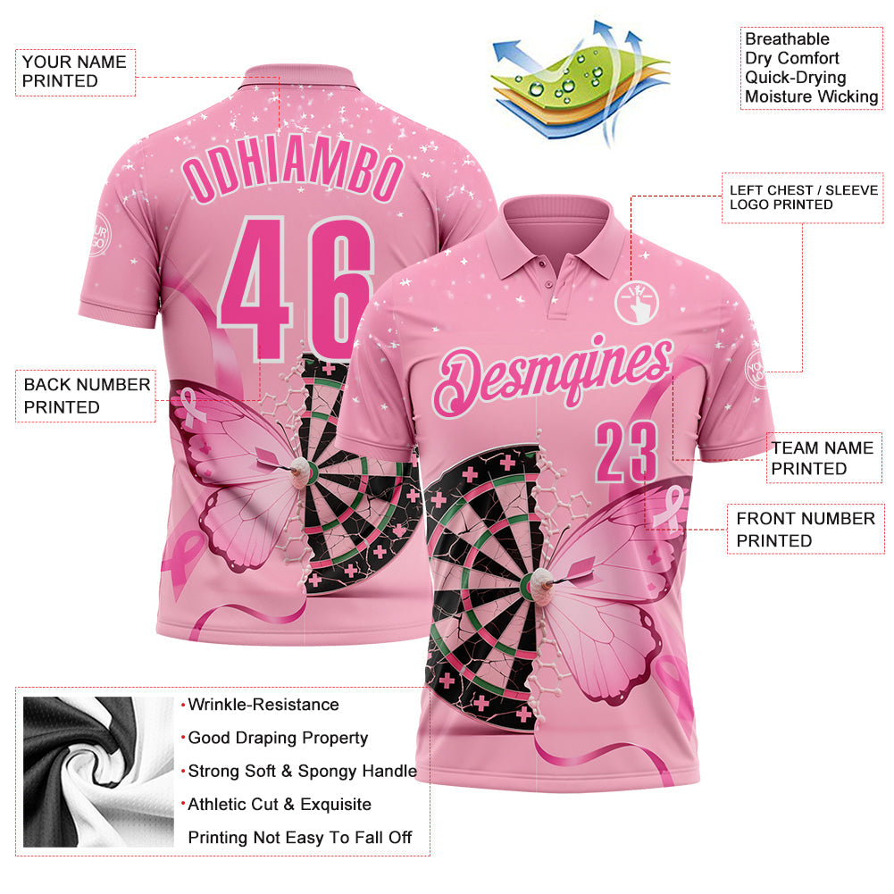 Custom Pink-White Darts Pink Ribbon Butterfly Breast Cancer Awareness Dartboard Performance Polo Shirt