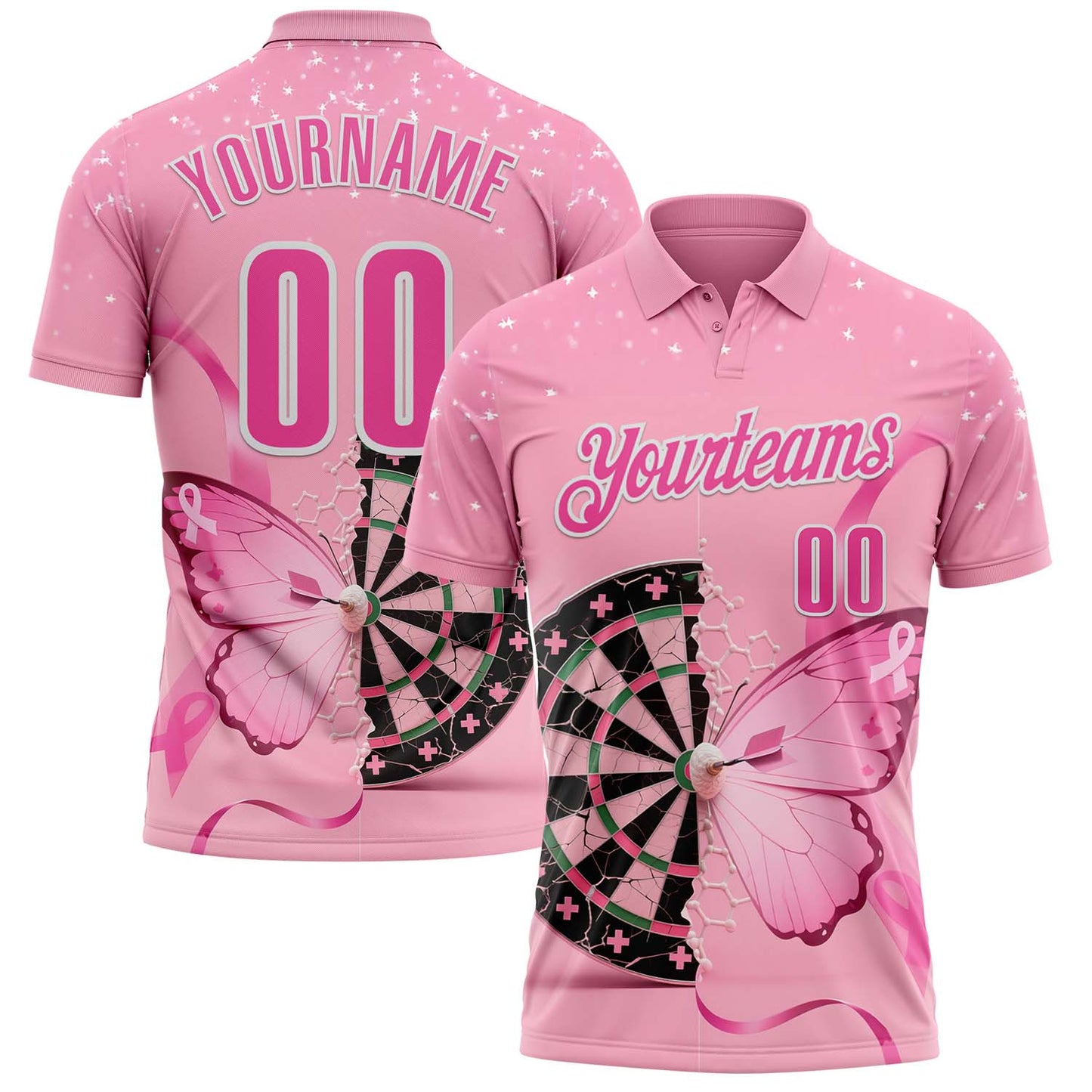 Custom Pink-White Darts Pink Ribbon Butterfly Breast Cancer Awareness Dartboard Performance Polo Shirt