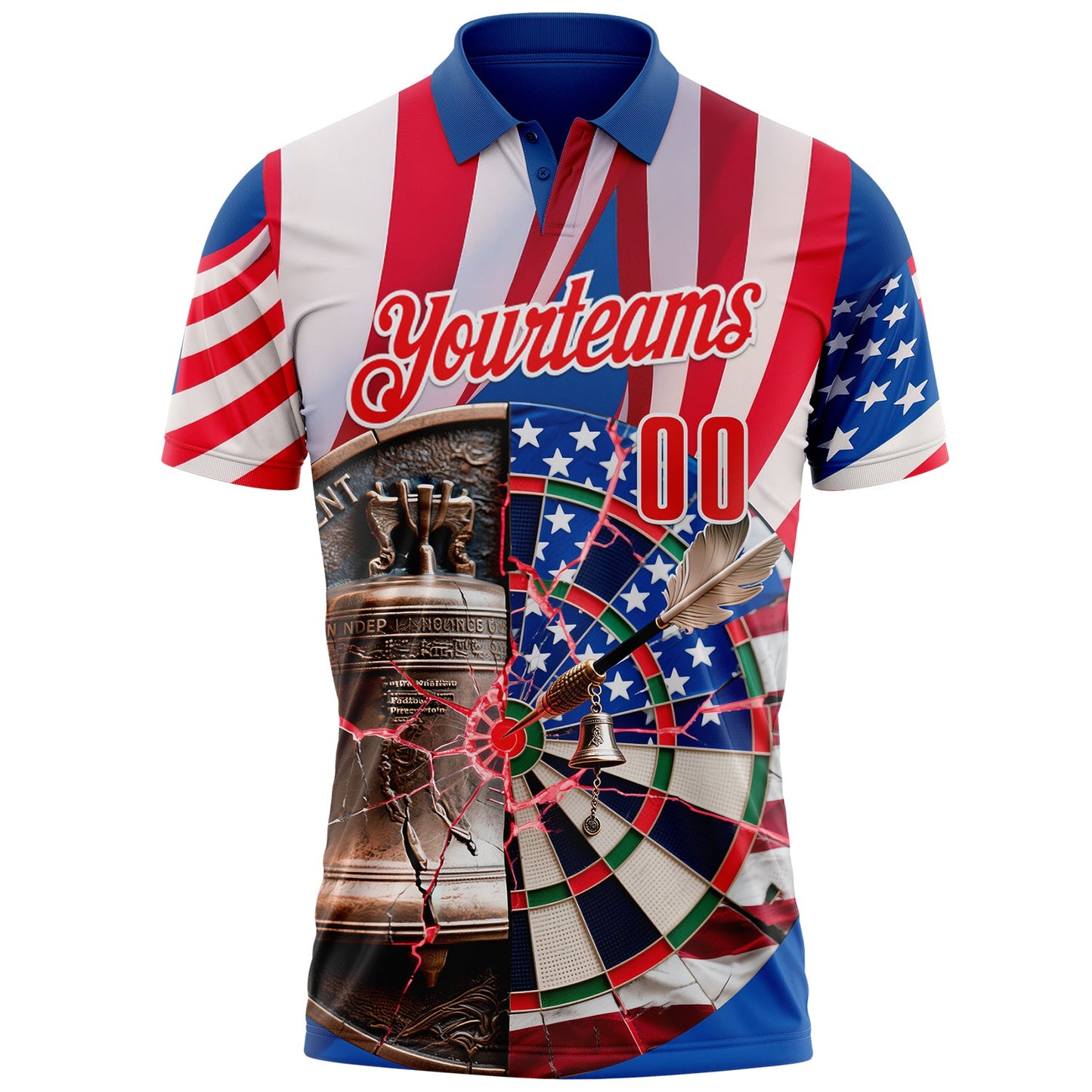 Custom Blue Fire Red-White Darts Liberty Bell American Flag Dartboard Performance Polo Shirt