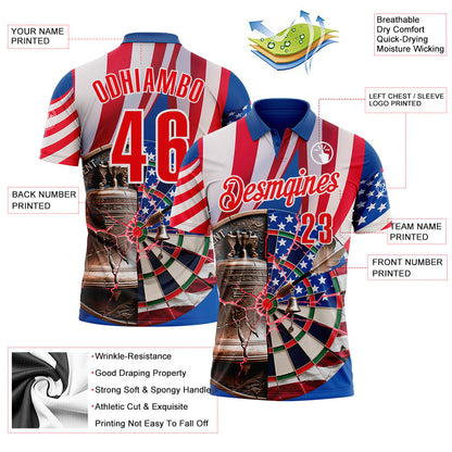 Custom Blue Fire Red-White Darts Liberty Bell American Flag Dartboard Performance Polo Shirt