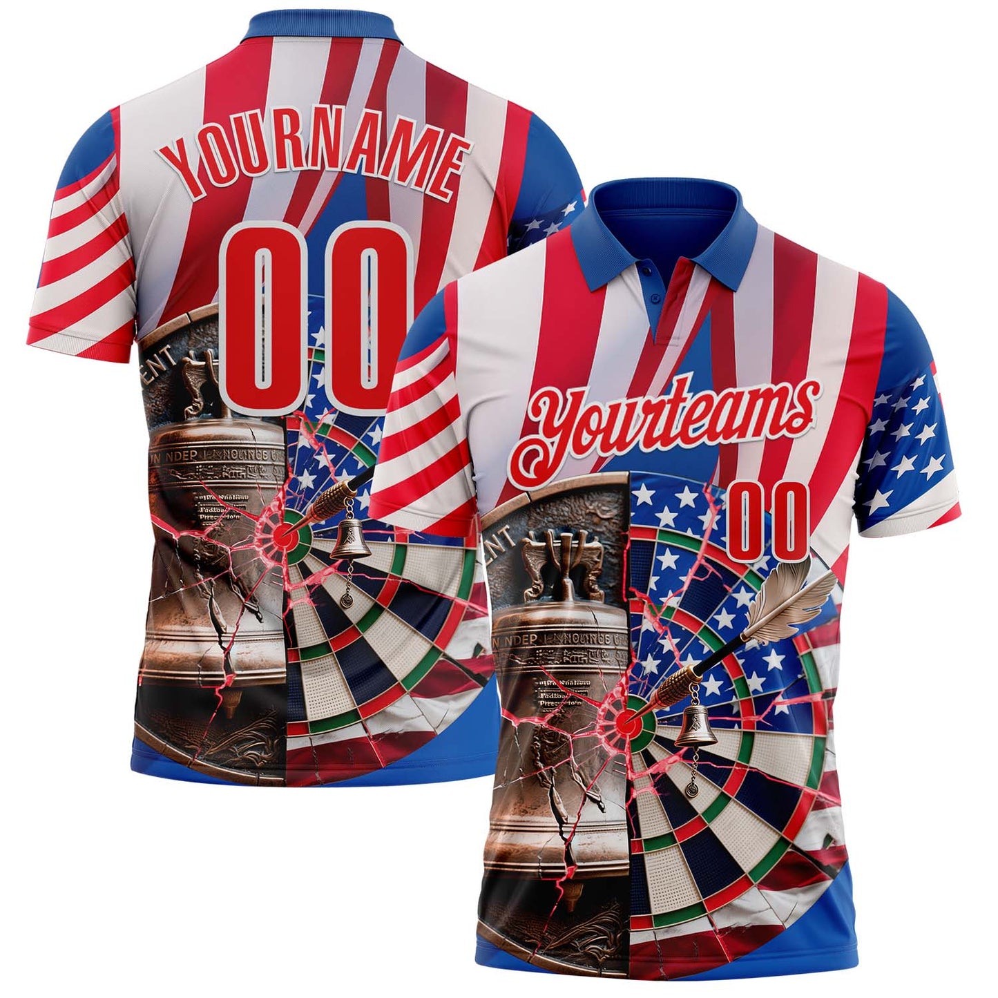 Custom Blue Fire Red-White Darts Liberty Bell American Flag Dartboard Performance Polo Shirt