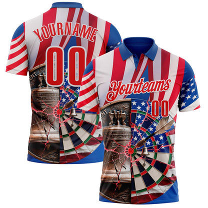Custom Blue Fire Red-White Darts Liberty Bell American Flag Dartboard Performance Polo Shirt