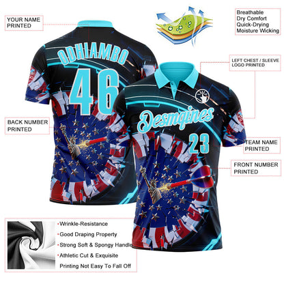 Custom Navy Blue-White Darts Statue Of Liberty American Flag Dartboard Performance Polo Shirt