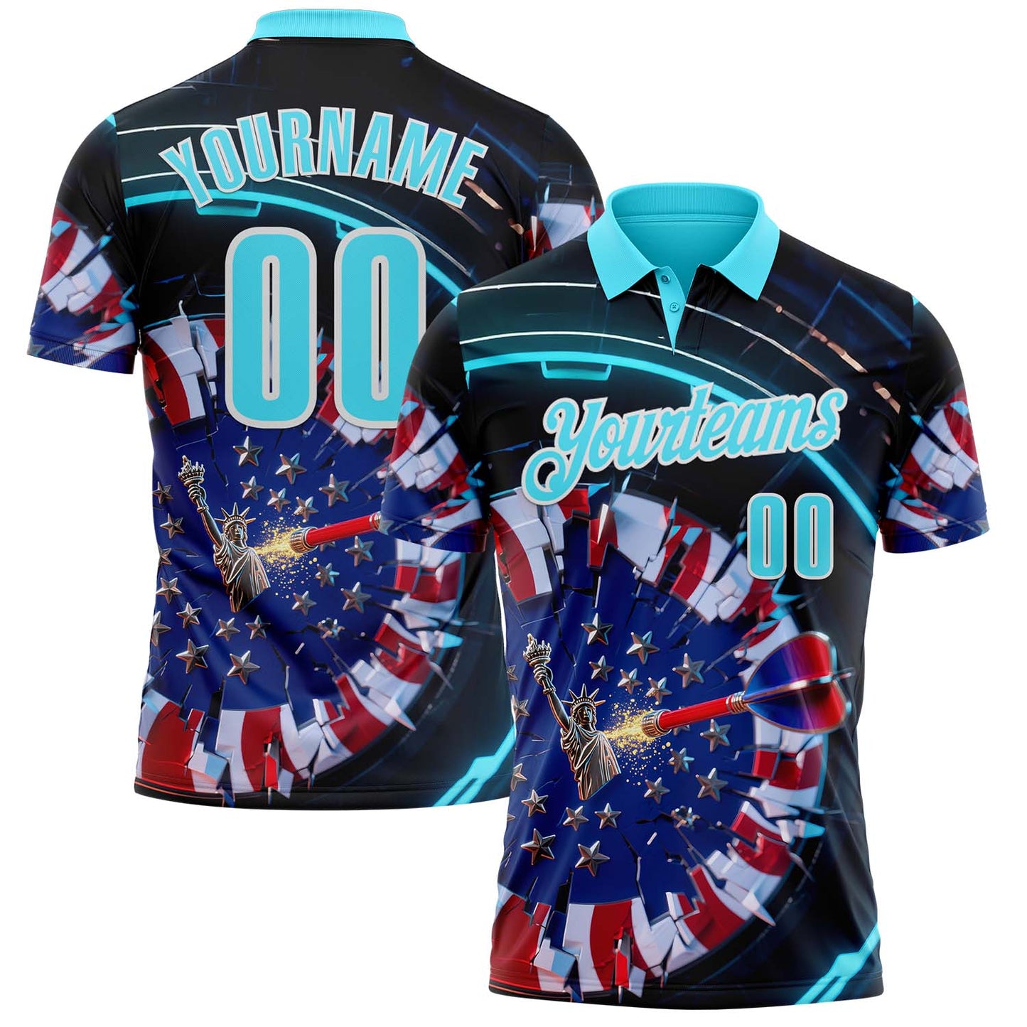 Custom Navy Blue-White Darts Statue Of Liberty American Flag Dartboard Performance Polo Shirt