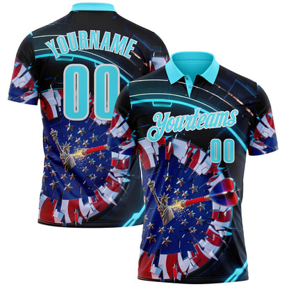 Custom Navy Blue-White Darts Statue Of Liberty American Flag Dartboard Performance Polo Shirt