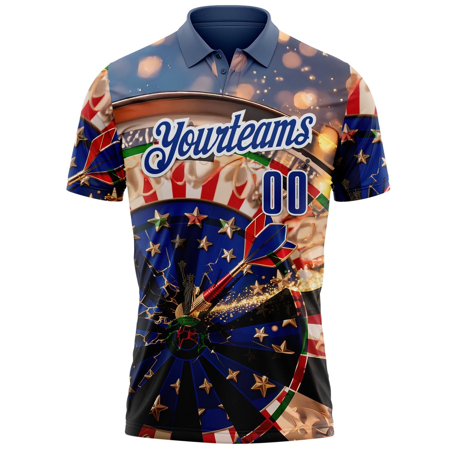 Custom Blue Royal-White Darts American Flag Dartboard Performance Polo Shirt