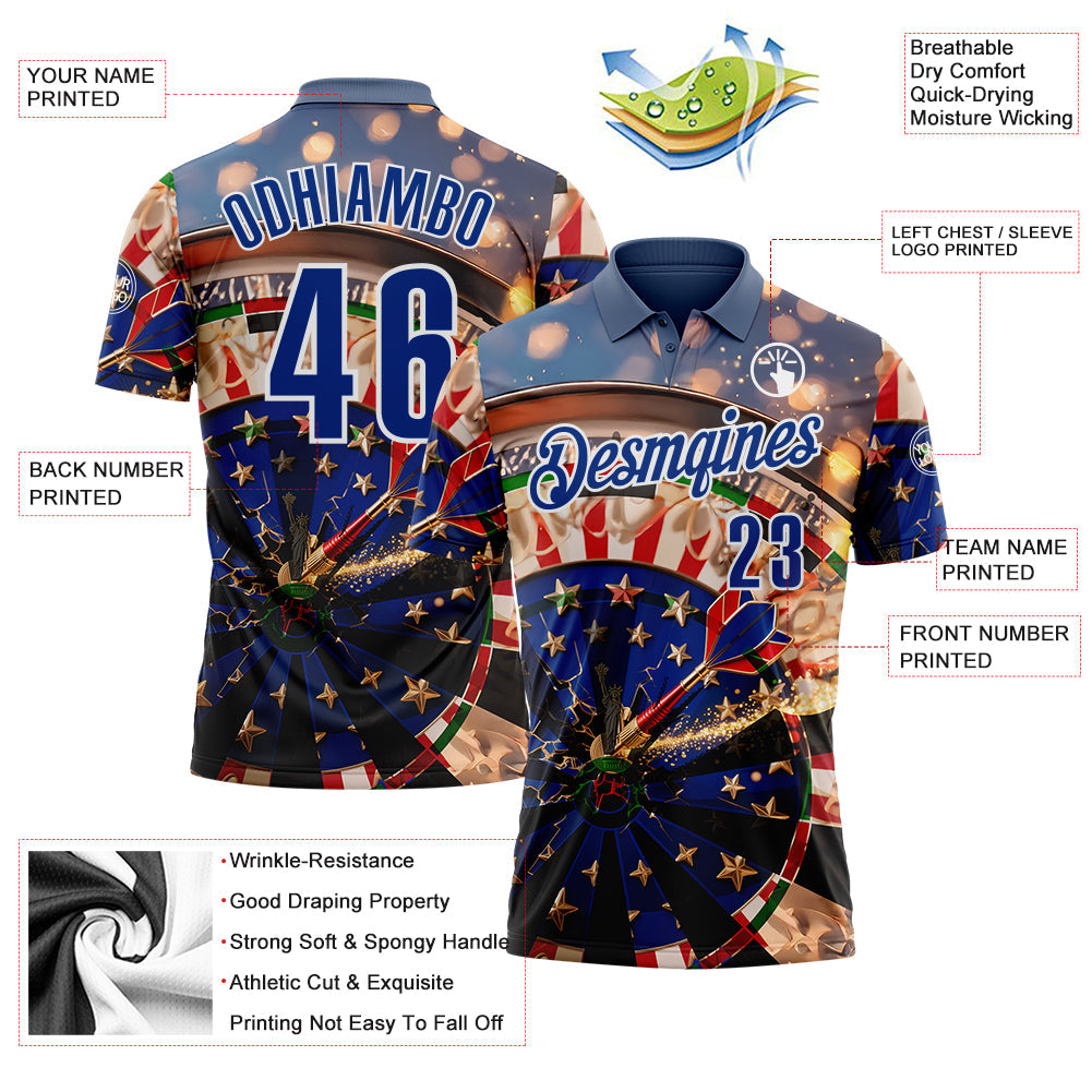 Custom Blue Royal-White Darts American Flag Dartboard Performance Polo Shirt