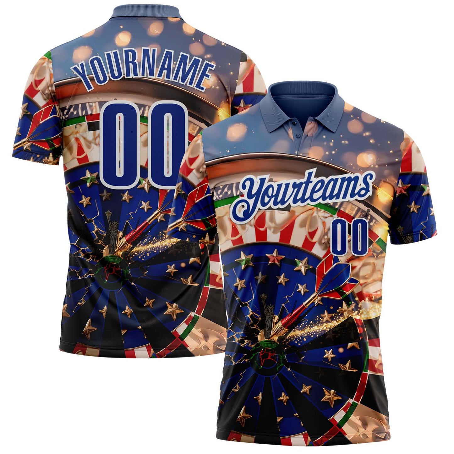 Custom Blue Royal-White Darts American Flag Dartboard Performance Polo Shirt