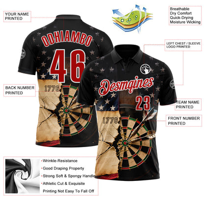 Custom Black Red-White Darts Independence American Flag Dartboard Performance Polo Shirt