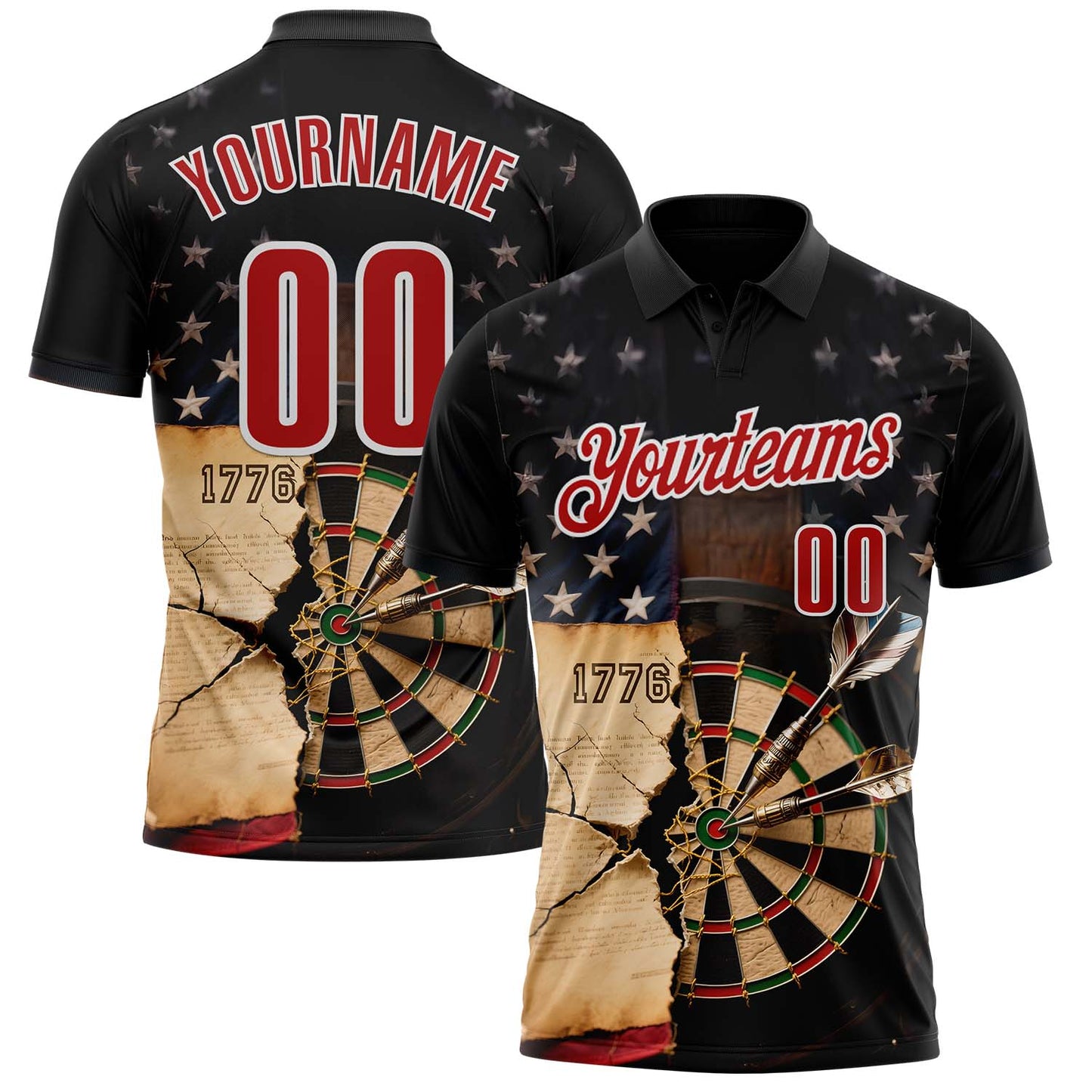 Custom Black Red-White Darts Independence American Flag Dartboard Performance Polo Shirt