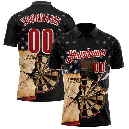 Custom Black Red-White Darts Independence American Flag Dartboard Performance Polo Shirt