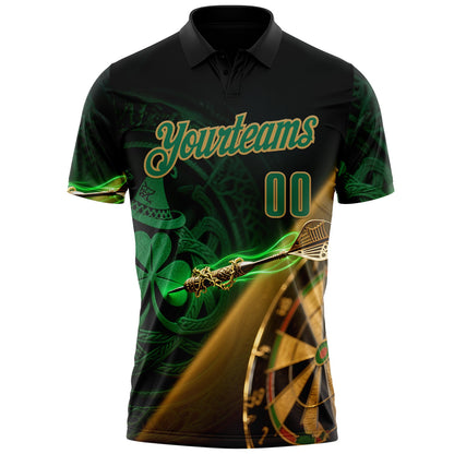 Custom Black Kelly Green-Old Gold Darts St.Patrick's Day Shamrock Dartboard Performance Polo Shirt