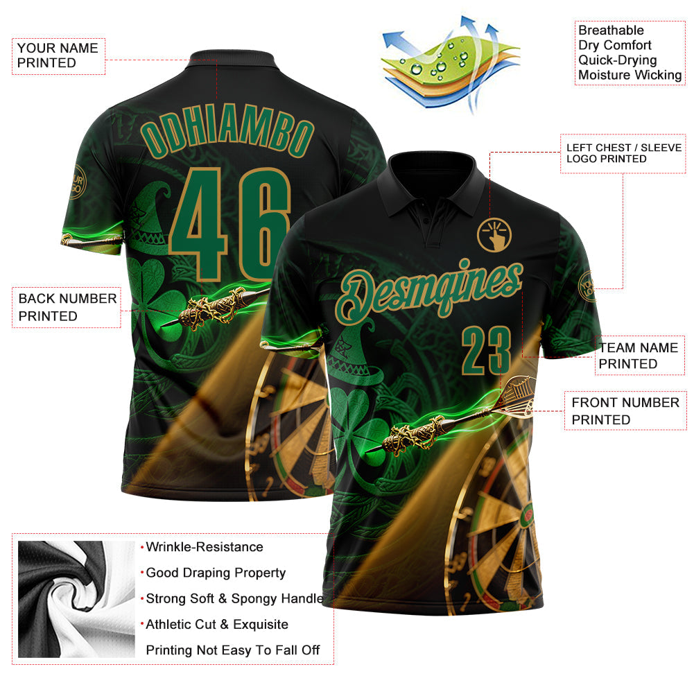 Custom Black Kelly Green-Old Gold Darts St.Patrick's Day Shamrock Dartboard Performance Polo Shirt