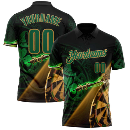 Custom Black Kelly Green-Old Gold Darts St.Patrick's Day Shamrock Dartboard Performance Polo Shirt
