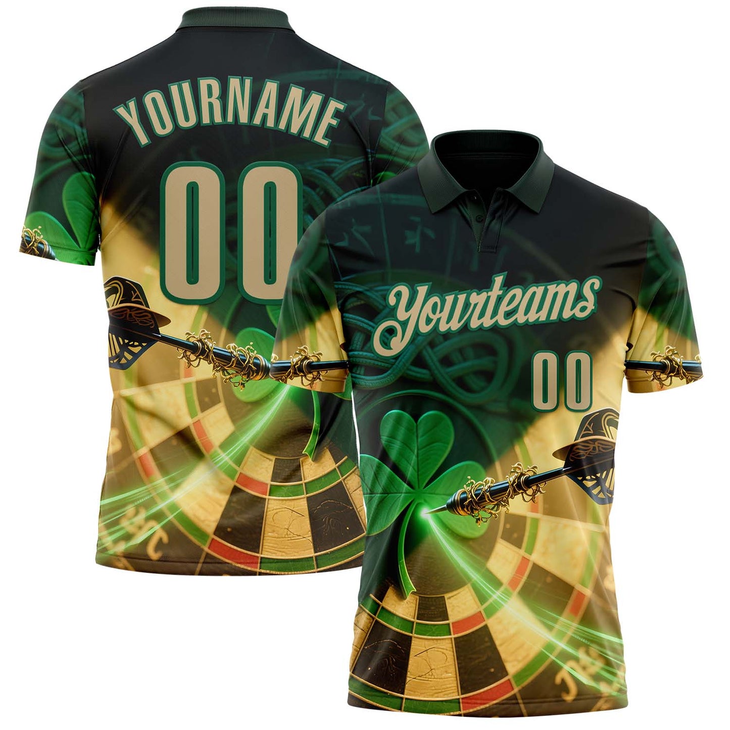Custom Green Vegas Gold-Kelly Green Darts St.Patrick's Day Shamrock Dartboard Performance Polo Shirt