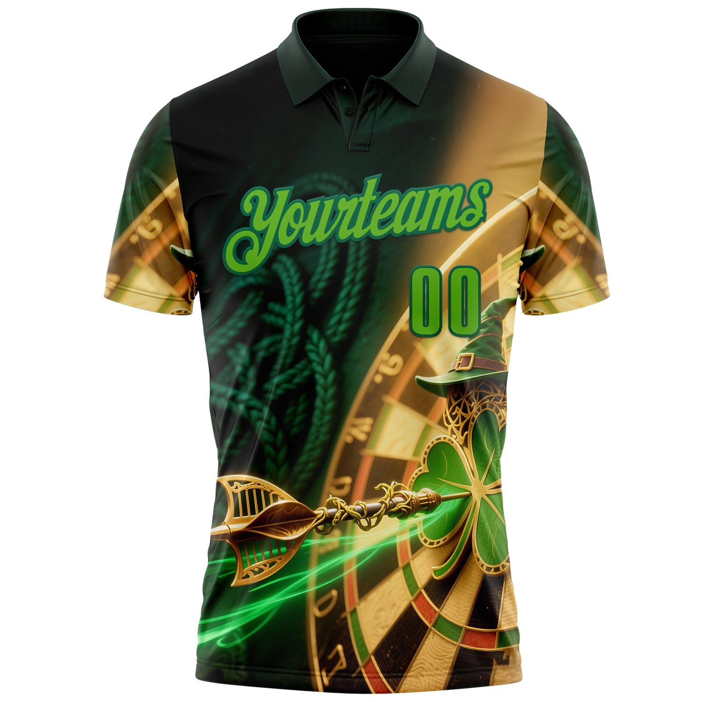 Custom Black Aurora Green-Kelly Green Darts St.Patrick's Day Shamrock Dartboard Performance Polo Shirt