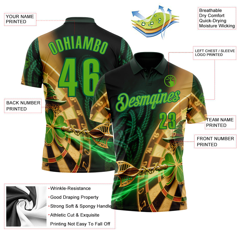 Custom Black Aurora Green-Kelly Green Darts St.Patrick's Day Shamrock Dartboard Performance Polo Shirt
