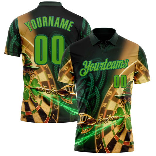 Custom Black Aurora Green-Kelly Green Darts St.Patrick's Day Shamrock Dartboard Performance Polo Shirt