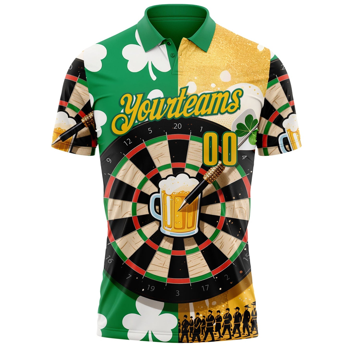 Custom Green Yellow-Kelly Green Darts St.Patrick's Day Shamrock Dartboard Performance Polo Shirt