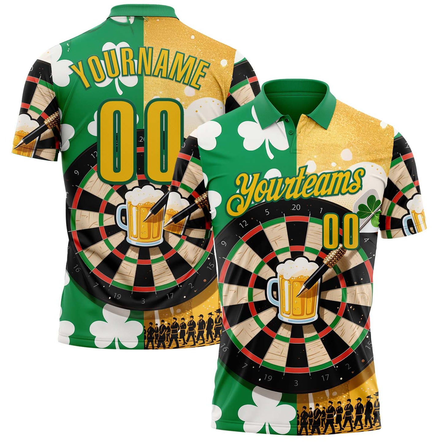 Custom Green Yellow-Kelly Green Darts St.Patrick's Day Shamrock Dartboard Performance Polo Shirt