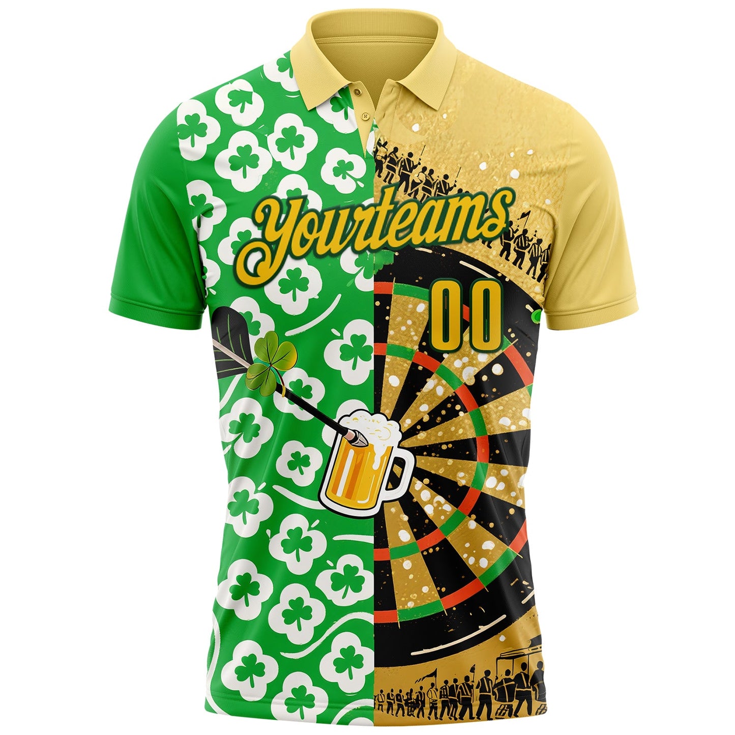 Custom Yellow-Green Darts St.Patrick's Day Shamrock Dartboard Performance Polo Shirt