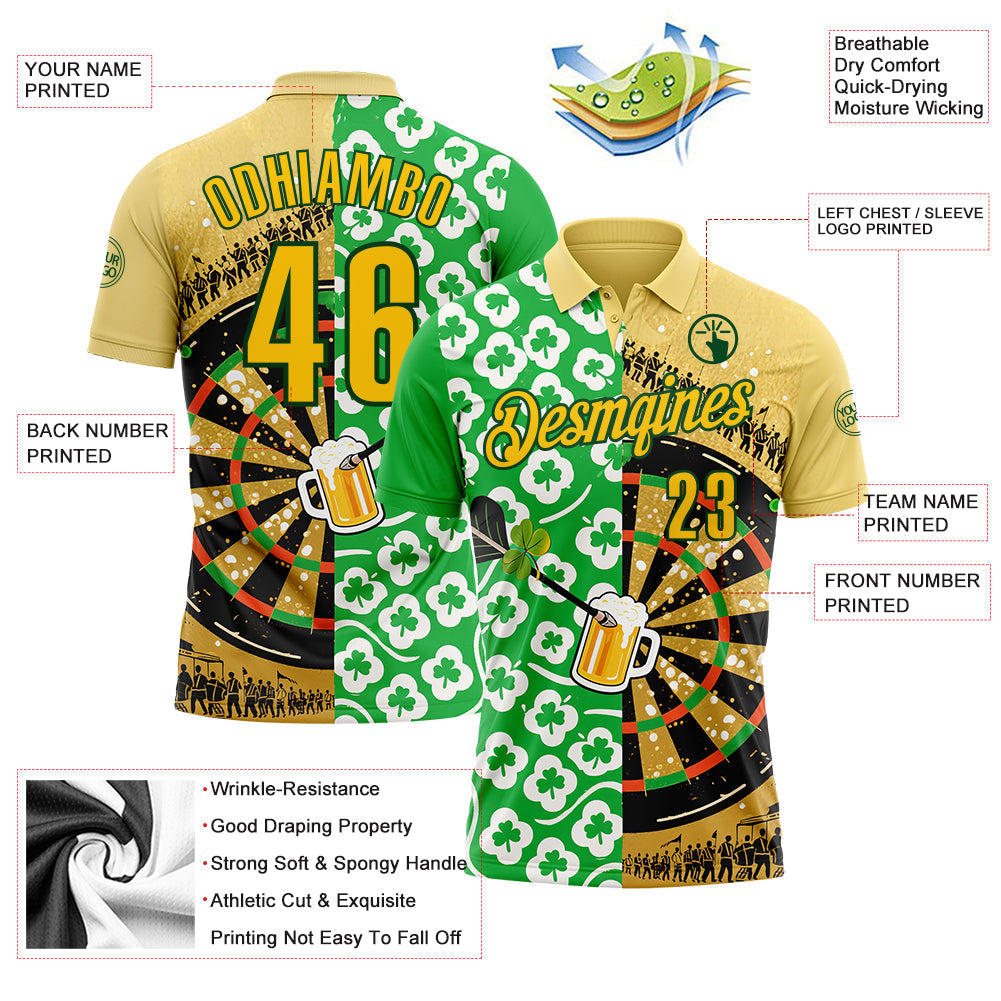 Custom Yellow-Green Darts St.Patrick's Day Shamrock Dartboard Performance Polo Shirt