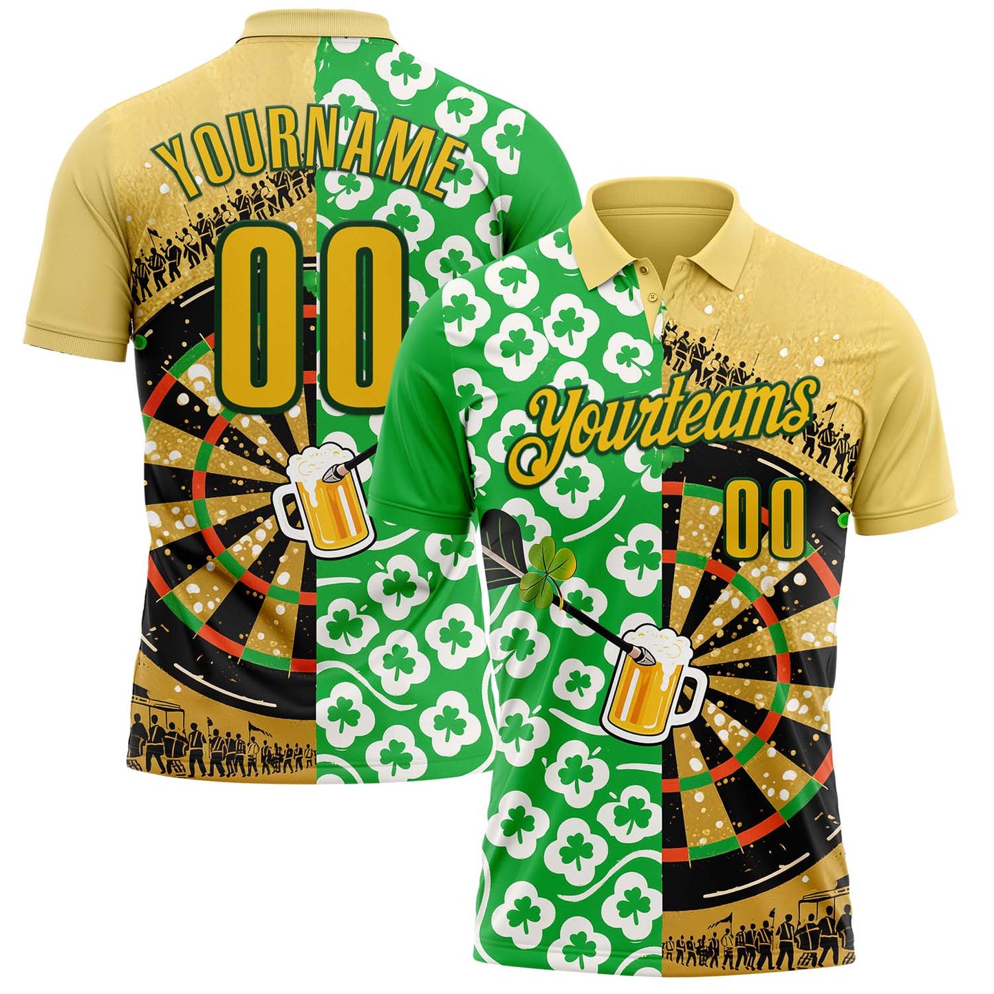 Custom Yellow-Green Darts St.Patrick's Day Shamrock Dartboard Performance Polo Shirt