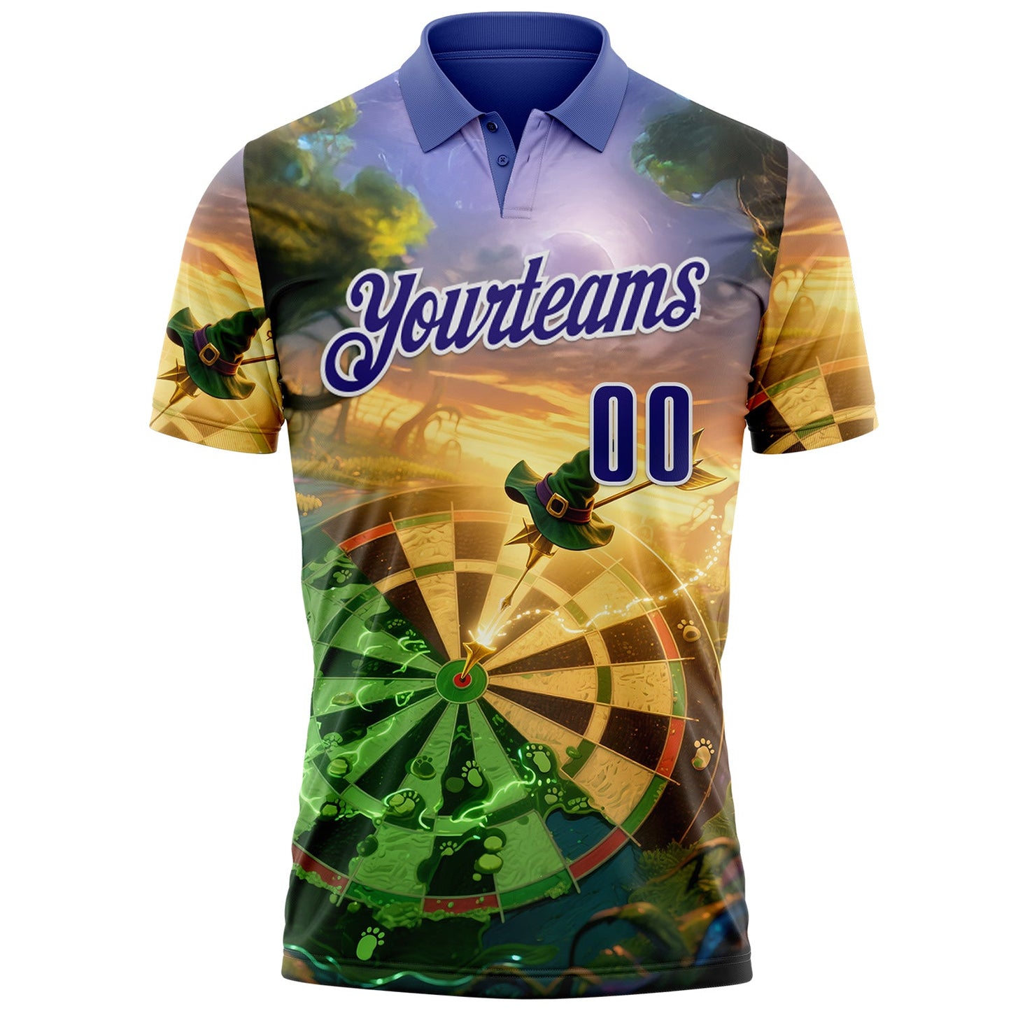 Custom Yellow Dark Purple Green-White Darts St.Patrick's Day Shamrock Dartboard Performance Polo Shirt