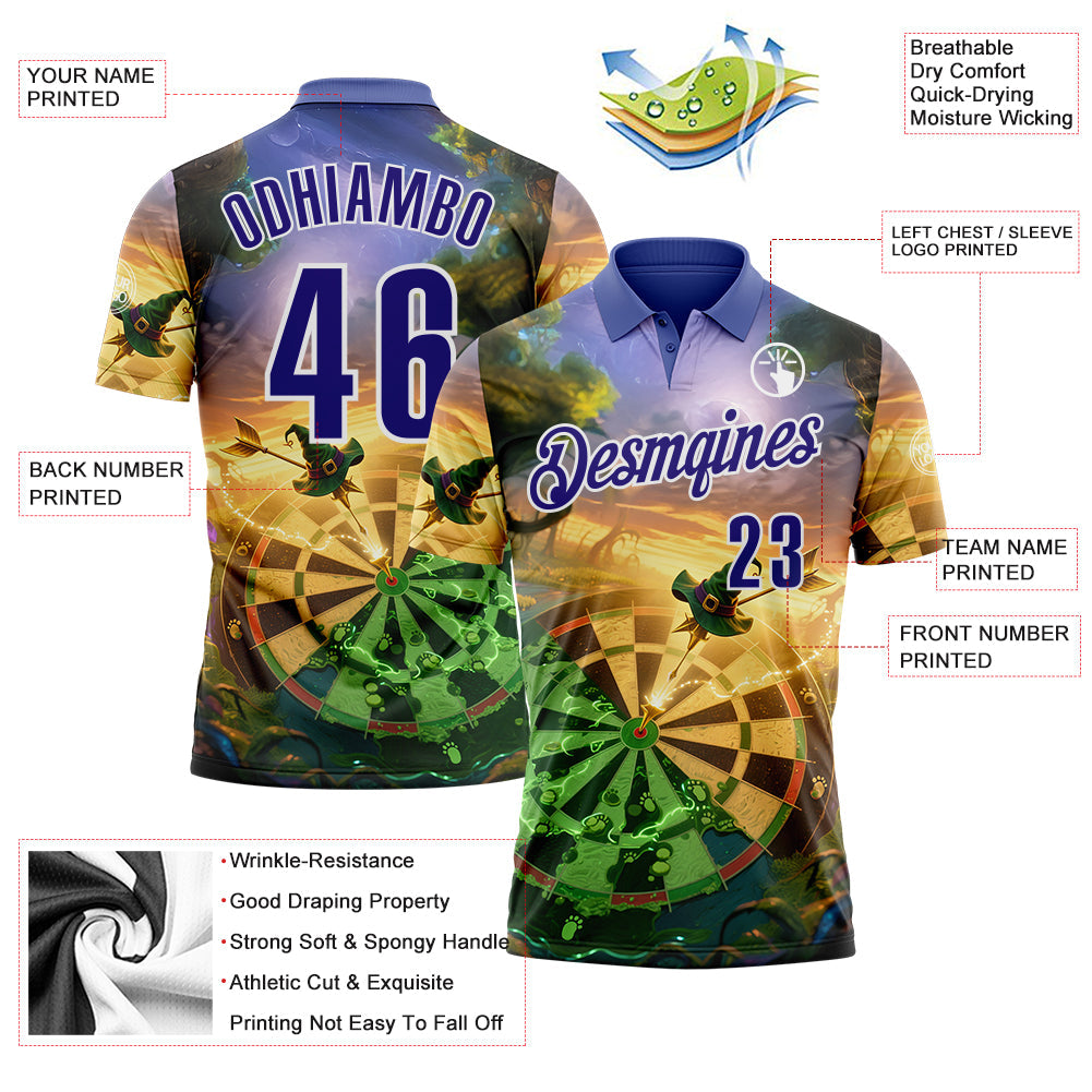 Custom Yellow Dark Purple Green-White Darts St.Patrick's Day Shamrock Dartboard Performance Polo Shirt