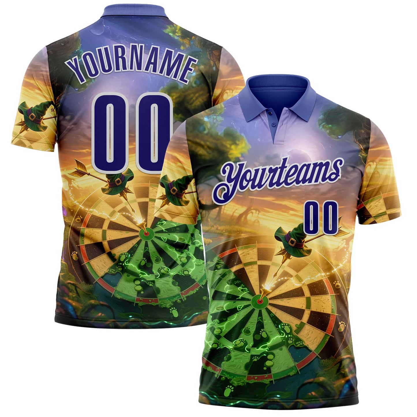 Custom Yellow Dark Purple Green-White Darts St.Patrick's Day Shamrock Dartboard Performance Polo Shirt
