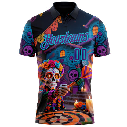 Custom Black Purple-Lakes Blue Darts Day of the Dead Sugar Skull Dartboard Performance Polo Shirt