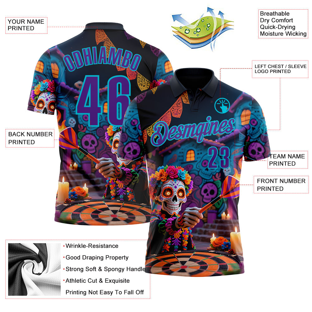 Custom Black Purple-Lakes Blue Darts Day of the Dead Sugar Skull Dartboard Performance Polo Shirt