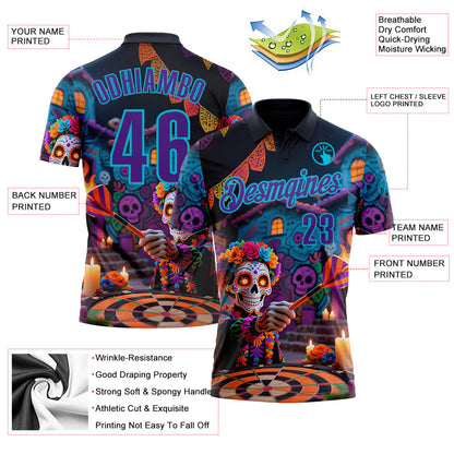 Custom Black Purple-Lakes Blue Darts Day of the Dead Sugar Skull Dartboard Performance Polo Shirt