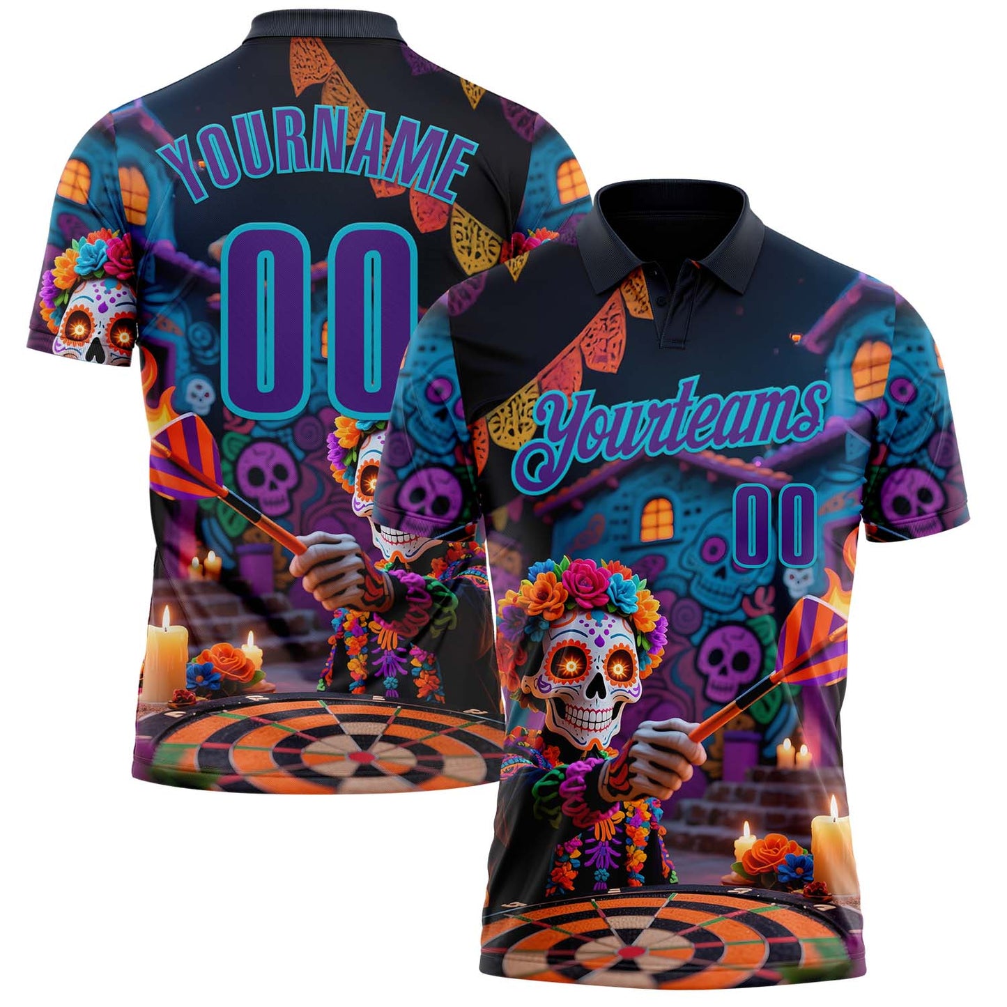 Custom Black Purple-Lakes Blue Darts Day of the Dead Sugar Skull Dartboard Performance Polo Shirt