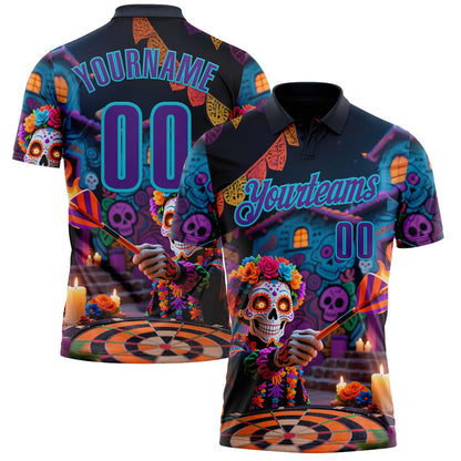 Custom Black Purple-Lakes Blue Darts Day of the Dead Sugar Skull Dartboard Performance Polo Shirt